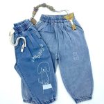 شلوار جین کاغذی دخترانه طرح خرس و سگ کد d0145 | برند وارداتی